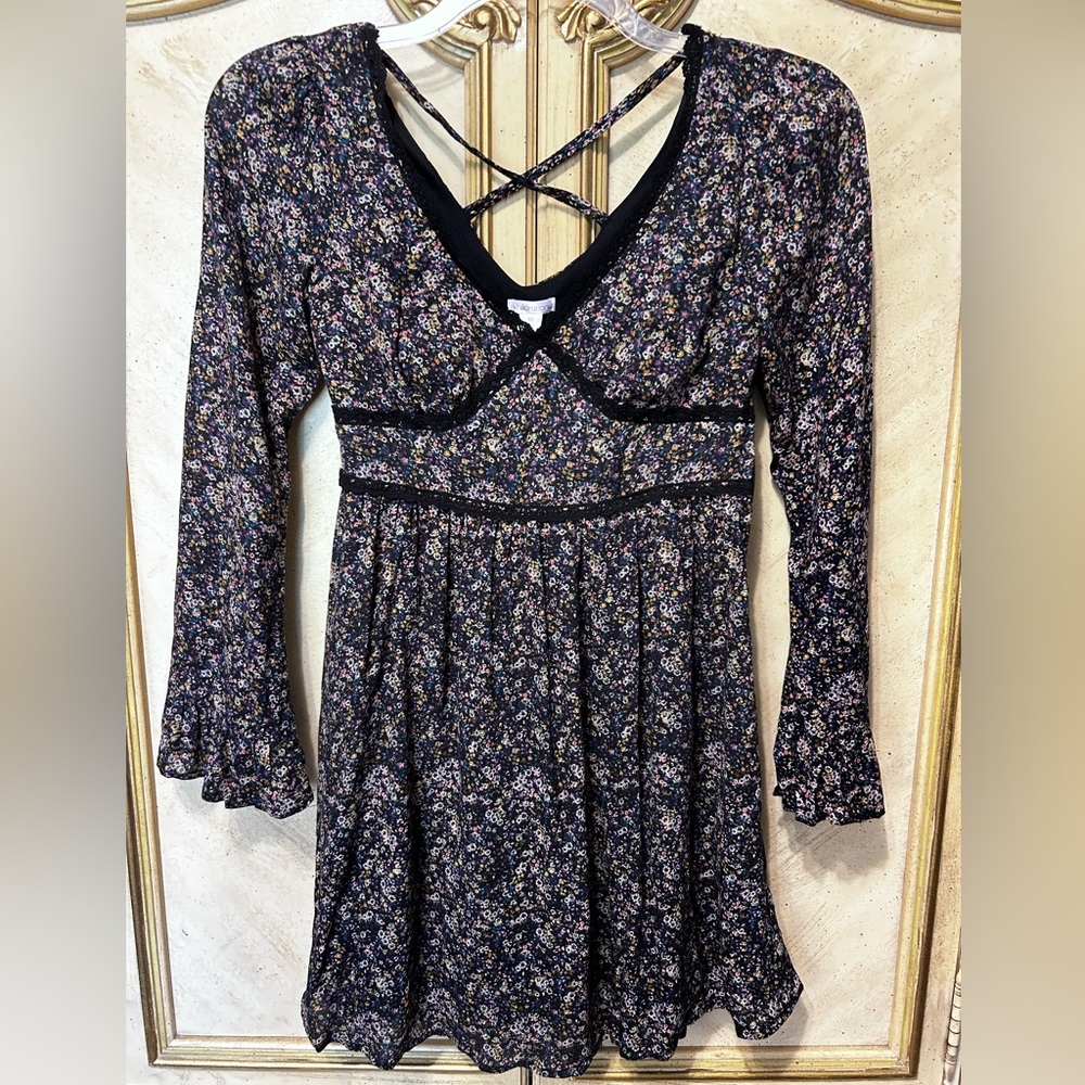 Xhilaration Black Purple Floral Crochet Lace Trim Boho Cross Back Dress  NEW NWT